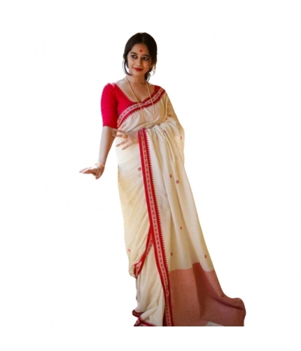 Generic Women's Cotton  Printed Saree With Unstitched Blouse 5.5Mtr (White)