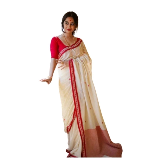 Generic Women's Cotton  Printed Saree With Unstitched Blouse 5.5Mtr (White)