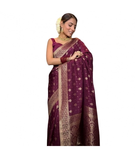 Generic Women's Silk Printed Saree With Unstitched Blouse 5.5Mtr (Wine)