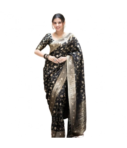 Generic Women's Silk Printed Saree With Unstitched Blouse 5.5Mtr (Black)