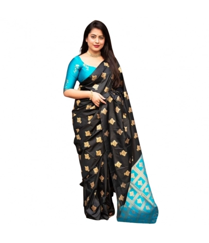 Generic Women's Silk Printed Saree With Unstitched Blouse 5.5Mtr (Sky Blue)