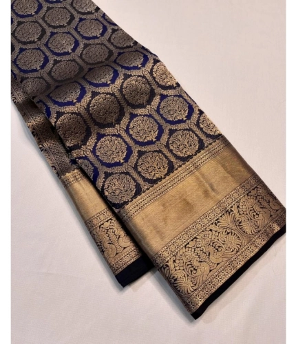 Generic Women's Silk Printed Saree With Unstitched Blouse 5.5Mtr (Navy Blue)