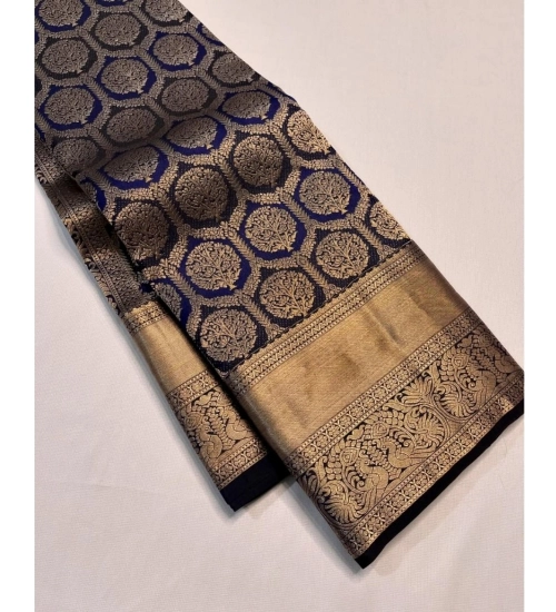 Generic Women's Silk Printed Saree With Unstitched Blouse 5.5Mtr (Navy Blue)
