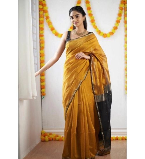 Generic Women's Cotton  Printed Saree With Unstitched Blouse 5.5Mtr (Yellow)