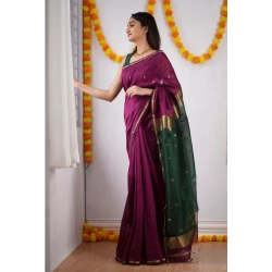 Generic Women's Cotton  Printed Saree With Unstitched Blouse 5.5Mtr (Wine)