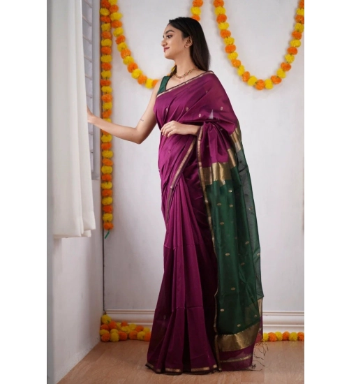 Generic Women's Cotton  Printed Saree With Unstitched Blouse 5.5Mtr (Wine)