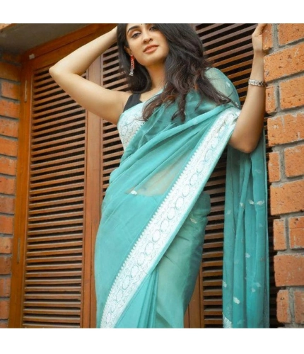 Generic Women's Cotton  Printed Saree With Unstitched Blouse 5.5Mtr (Sky Blue)