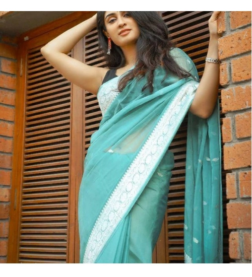 Generic Women's Cotton  Printed Saree With Unstitched Blouse 5.5Mtr (Sky Blue)