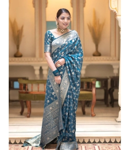 Generic Women's Silk Printed Saree With Unstitched Blouse 5.5Mtr (Rama)