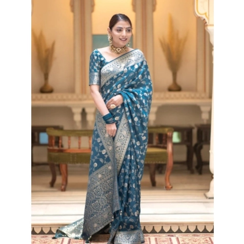 Women's Silk Printed Saree With Unstitched Blouse 5.5Mtr (Rama)
