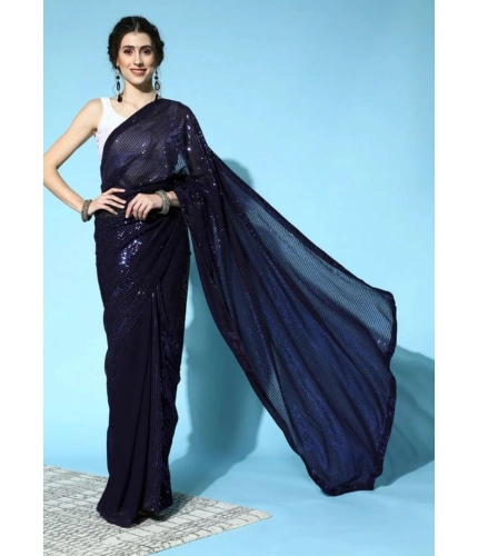 Generic Women's Georgette Embellished Sequnece Bollywood Saree With Unstitched Blouse 5.5Mtr (Blue)