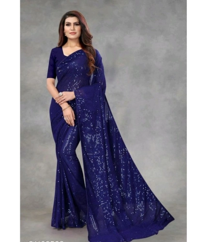 Generic Women's Georgette Embellished Sequnece Bollywood Saree With Unstitched Blouse 5.5Mtr (Blue)