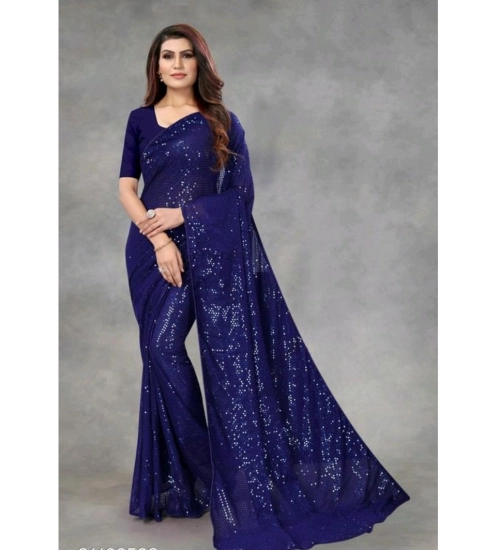 Generic Women's Georgette Embellished Sequnece Bollywood Saree With Unstitched Blouse 5.5Mtr (Blue)