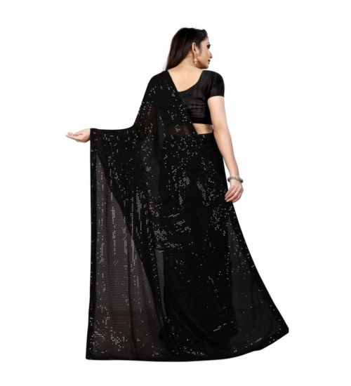 Generic Women's Georgette Embellished Sequnece Bollywood Saree With Unstitched Blouse 5.5Mtr (Black)