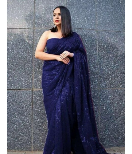 Generic Women's Georgette Embellished Sequnece Bollywood Saree With Unstitched Blouse 5.5Mtr (Blue)