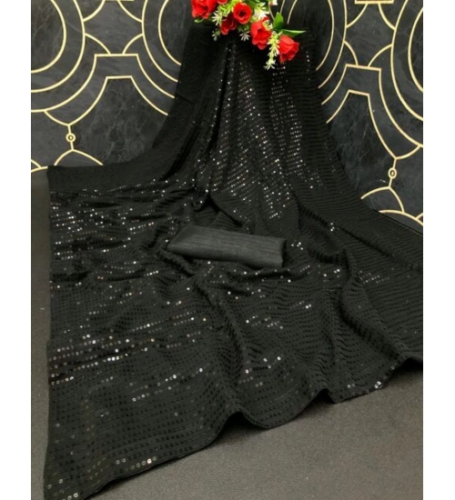 Generic Women's Georgette Embellished Sequnece Bollywood Saree With Unstitched Blouse 5.5Mtr (Black)