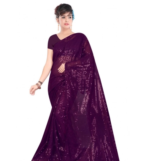 Generic Women's Georgette Embellished Sequnece Bollywood Saree With Unstitched Blouse 5.5Mtr (Purple)