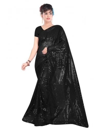 Generic Women's Georgette Embellished Sequnece Bollywood Saree With Unstitched Blouse 5.5Mtr (Black)