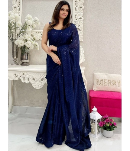 Generic Women's Georgette Embellished Sequnece Bollywood Saree With Unstitched Blouse 5.5Mtr (Blue)