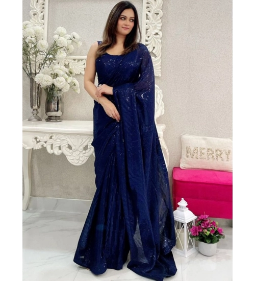 Generic Women's Georgette Embellished Sequnece Bollywood Saree With Unstitched Blouse 5.5Mtr (Blue)