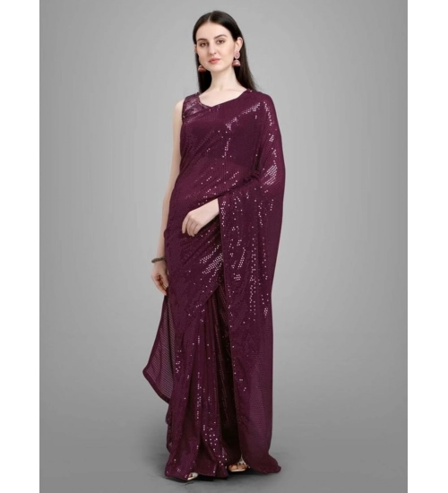 Generic Women's Georgette Embellished Sequnece Bollywood Saree With Unstitched Blouse 5.5Mtr (Purple)