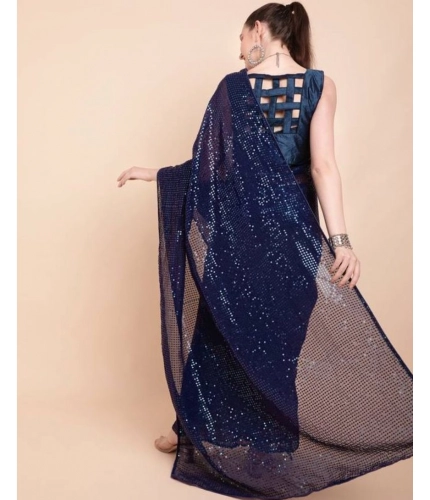 Generic Women's Georgette Embellished Sequnece Bollywood Saree With Unstitched Blouse 5.5Mtr (Blue)