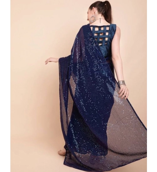Generic Women's Georgette Embellished Sequnece Bollywood Saree With Unstitched Blouse 5.5Mtr (Blue)