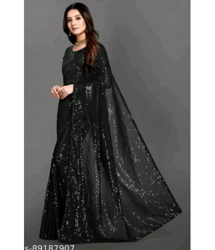 Generic Women's Georgette Embellished Sequnece Bollywood Saree With Unstitched Blouse 5.5Mtr (Black)