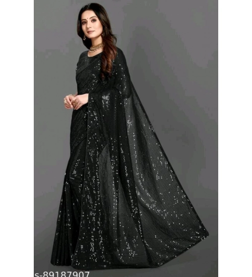 Generic Women's Georgette Embellished Sequnece Bollywood Saree With Unstitched Blouse 5.5Mtr (Black)