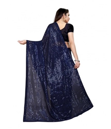 Generic Women's Georgette Embellished Sequnece Bollywood Saree With Unstitched Blouse 5.5Mtr (Blue)