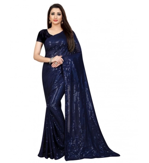 Generic Women's Georgette Embellished Sequnece Bollywood Saree With Unstitched Blouse 5.5Mtr (Blue)