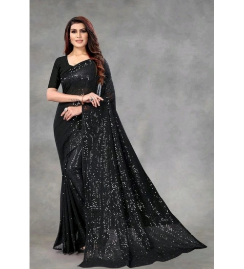 Generic Women's Georgette Embellished Sequnece Bollywood Saree With Unstitched Blouse 5.5Mtr (Black)