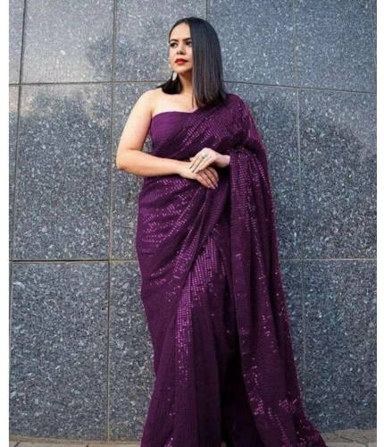 Generic Women's Georgette Embellished Sequnece Bollywood Saree With Unstitched Blouse 5.5Mtr (Purple)