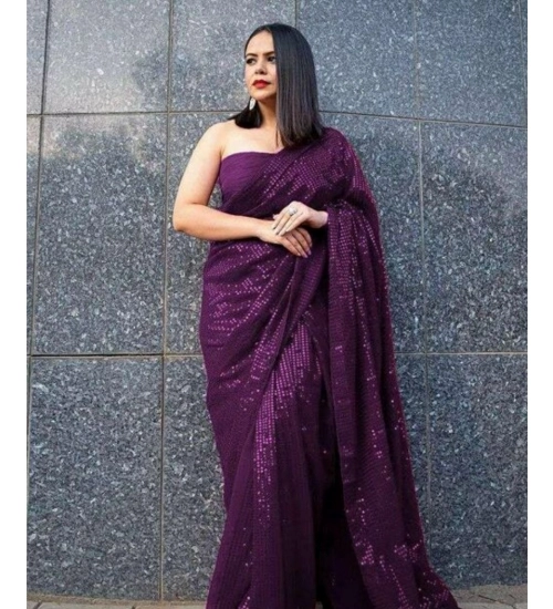 Generic Women's Georgette Embellished Sequnece Bollywood Saree With Unstitched Blouse 5.5Mtr (Purple)