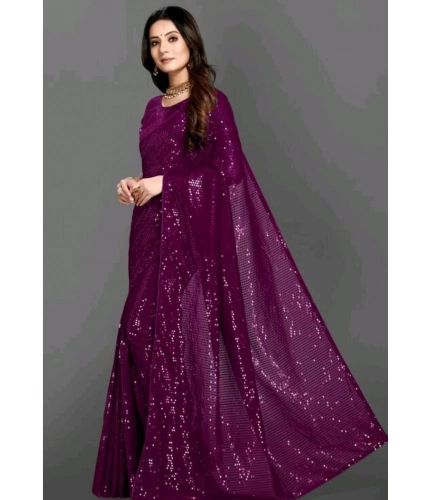 Generic Women's Georgette Embellished Sequnece Bollywood Saree With Unstitched Blouse 5.5Mtr (Purple)