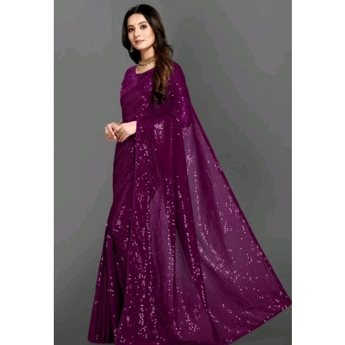 Women's Georgette Embellished Sequnece Bollywood Saree With Unstitched Blouse 5.5Mtr (Purple)