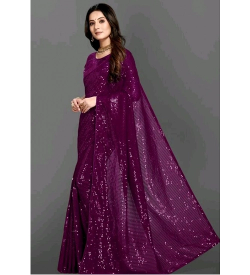 Generic Women's Georgette Embellished Sequnece Bollywood Saree With Unstitched Blouse 5.5Mtr (Purple)