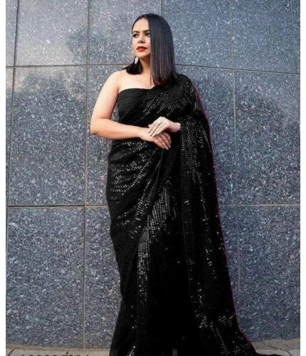 Generic Women's Georgette Embellished Sequnece Bollywood Saree With Unstitched Blouse 5.5Mtr (Black)