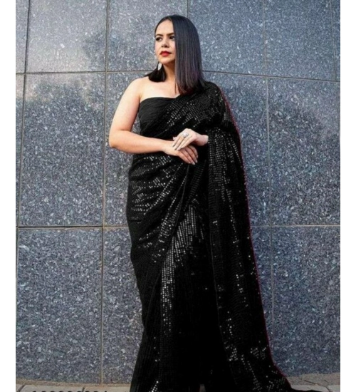 Generic Women's Georgette Embellished Sequnece Bollywood Saree With Unstitched Blouse 5.5Mtr (Black)