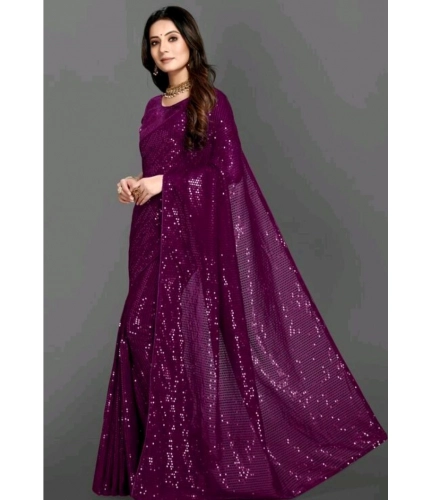 Generic Women's Georgette Embellished Sequnece Bollywood Saree With Unstitched Blouse 5.5Mtr (Purple)