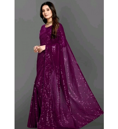 Generic Women's Georgette Embellished Sequnece Bollywood Saree With Unstitched Blouse 5.5Mtr (Purple)
