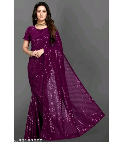 Generic Women's Georgette Embellished Sequnece Bollywood Saree With Unstitched Blouse 5.5Mtr (Purple)