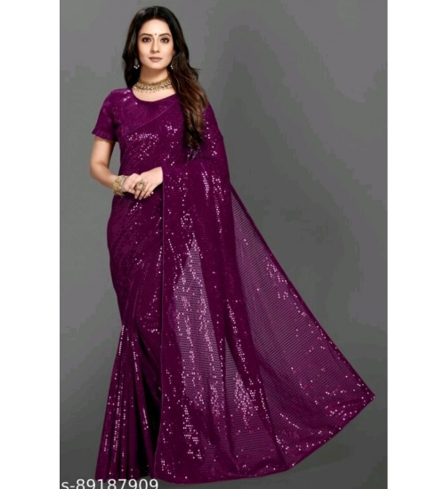 Generic Women's Georgette Embellished Sequnece Bollywood Saree With Unstitched Blouse 5.5Mtr (Purple)