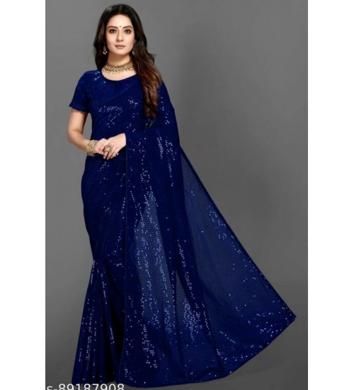 Generic Women's Georgette Embellished Sequnece Bollywood Saree With Unstitched Blouse 5.5Mtr (Blue)