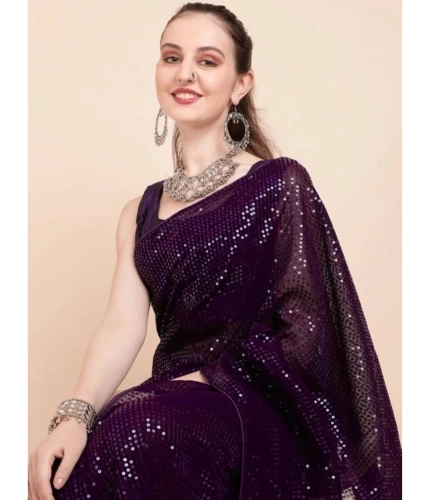 Generic Women's Georgette Embellished Sequnece Bollywood Saree With Unstitched Blouse 5.5Mtr (Purple)