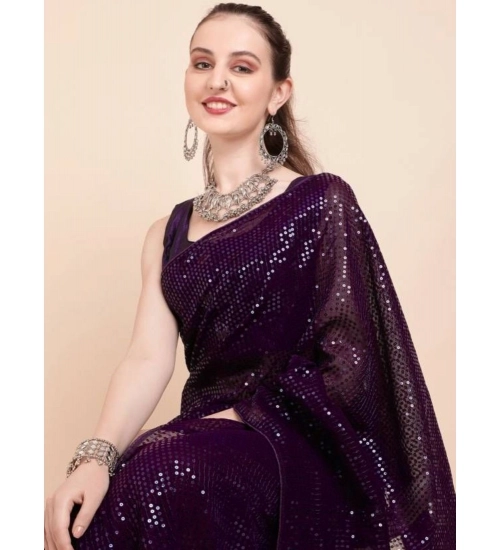 Generic Women's Georgette Embellished Sequnece Bollywood Saree With Unstitched Blouse 5.5Mtr (Purple)