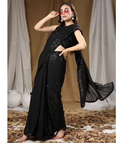 Generic Women's Georgette Embellished Sequnece Bollywood Saree With Unstitched Blouse 5.5Mtr (Black)