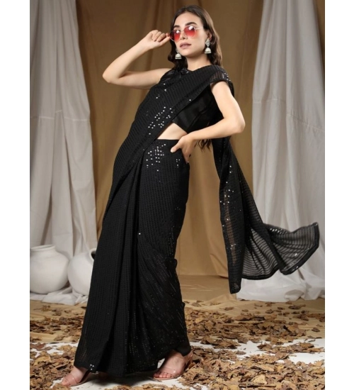 Generic Women's Georgette Embellished Sequnece Bollywood Saree With Unstitched Blouse 5.5Mtr (Black)