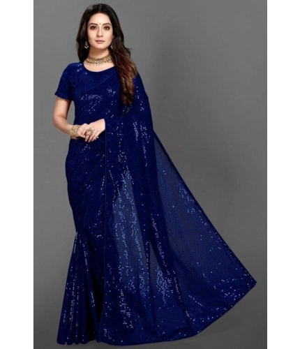Generic Women's Georgette Embellished Sequnece Bollywood Saree With Unstitched Blouse 5.5Mtr (Blue)