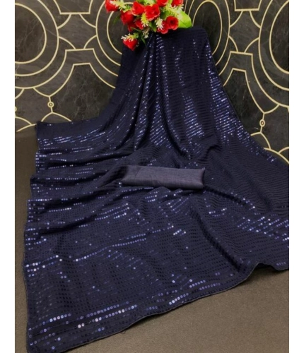 Generic Women's Georgette Embellished Sequnece Bollywood Saree With Unstitched Blouse 5.5Mtr (Blue)